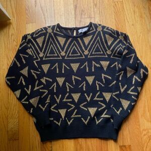 Lindsay Blake, women’s vintage 80s geometric print, golden black sweater, s/L